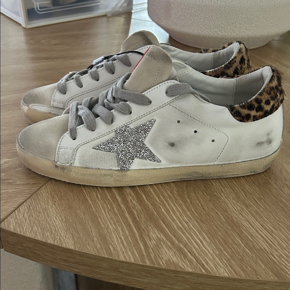 Golden Goose Leopard Accent White Sneakers with Silver Star